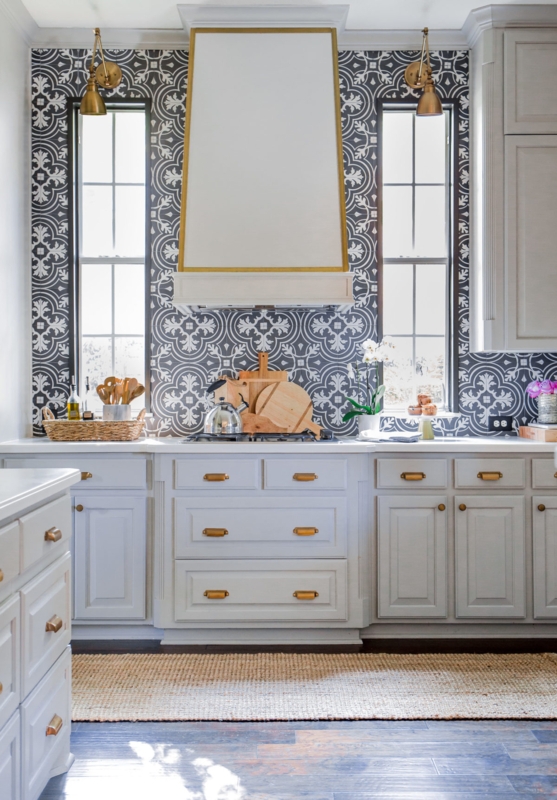 Kitchen Backsplash Blue Cement Tile Patterned Accent with Brass Hardware