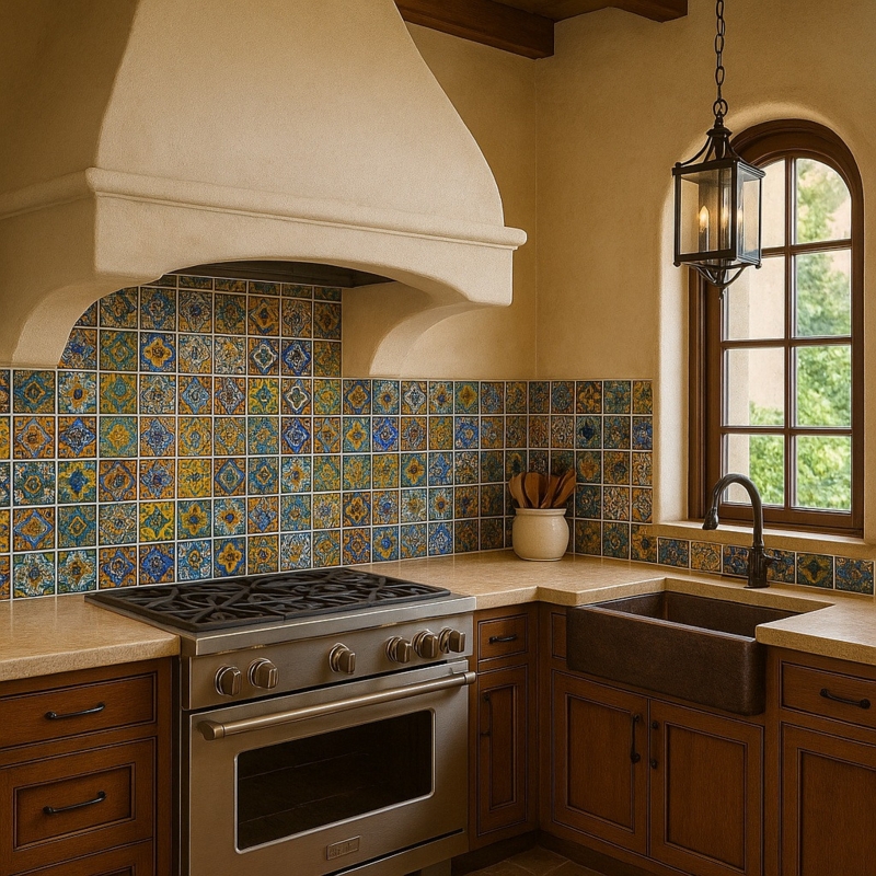 Kitchen Backsplash Mexican Accent Tiles with Sculpted Plaster Range Hood