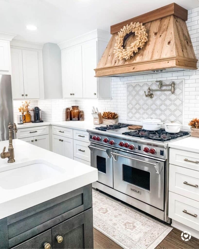 Kitchen Backsplash Rustic Wood Range Hood Arabesque Tile Accent