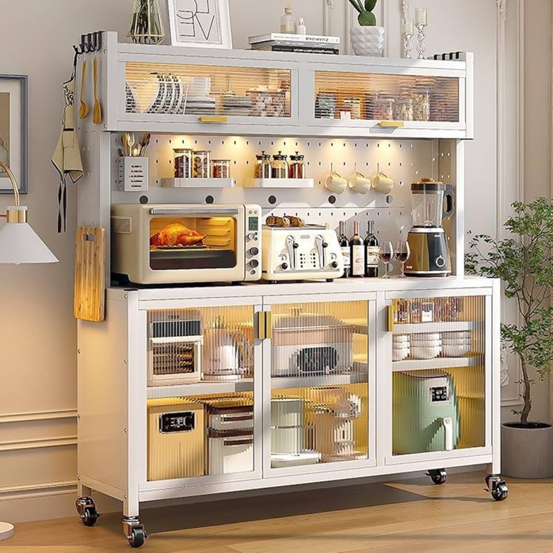 Kitchen Bakers Rack White Fluted Glass Doors and LED Lighting