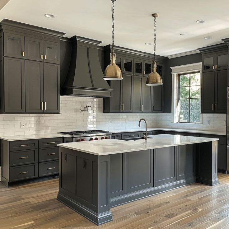 Kitchen Cabinetry Charcoal Bronze Finish White Stone Counters