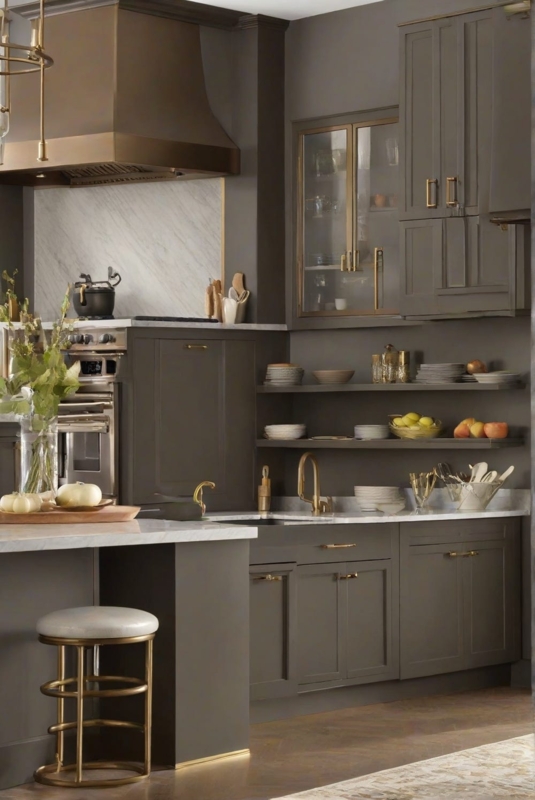 Kitchen Cabinetry Moody Bronze with Brass Range Hood Accent