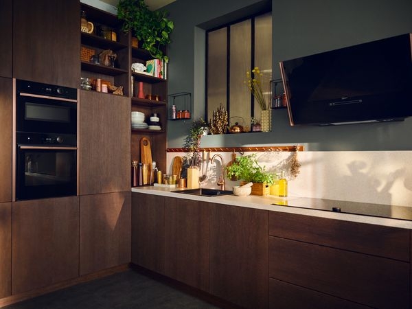 Kitchen Cabinetry Satin Bronze Trim and Moody Green Walls