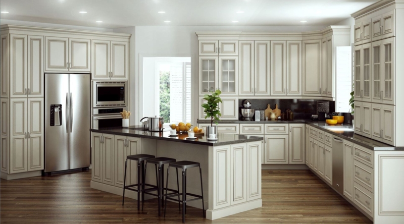 Kitchen Cabinets Bronze Glaze Detail and Dark Stone Tops
