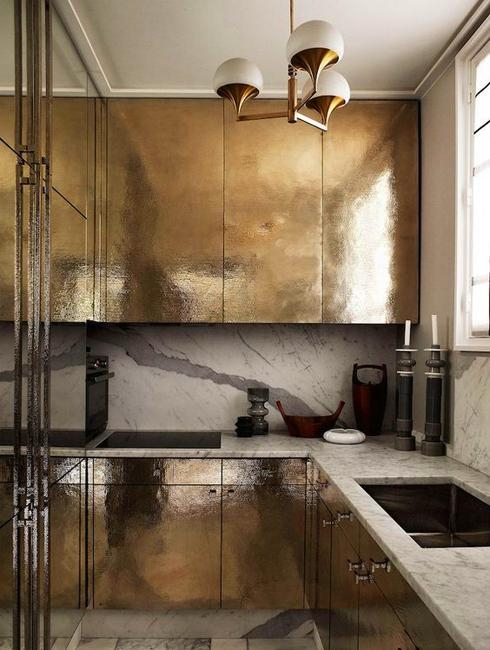 Kitchen Cabinets Hammered Gold Finish and Marble Veining