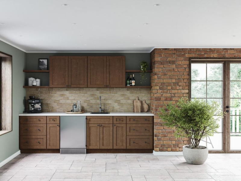 Kitchen Cabinets Royal Bronze Finish Exposed Brick Accent
