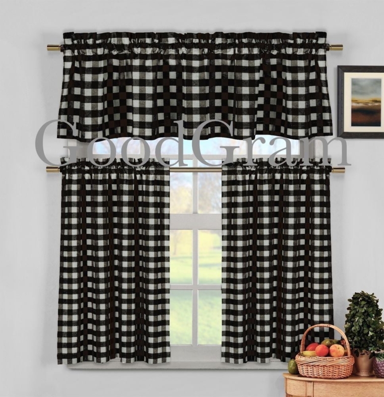 Kitchen Curtain Set 3-Piece Gingham Checkered Tiers Valance Farmhouse