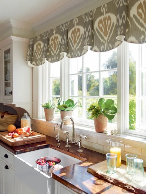 Kitchen Valance, Ikat Pattern with Scalloped Hem and Muted Tones