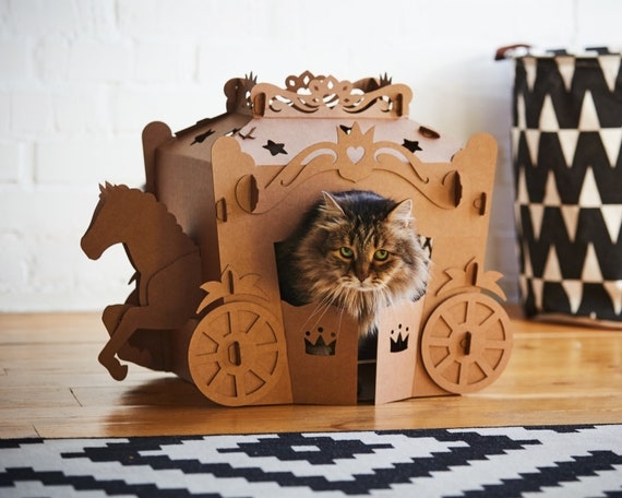 Kraft Brown Cardboard Pet House in Carriage Shape with Horse Silhouette
