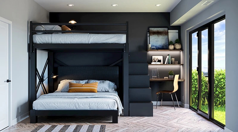 L-Shaped Bunk Bed Matte Black with Built-in Desk and Staircase