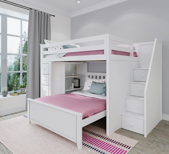 L-Shaped Bunk Bed White Integrated Desk Staircase Storage