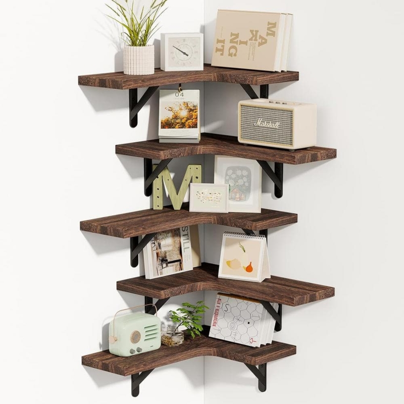 L-Shaped Corner Shelves: Staggered Dark Brown Wood Grain Set of 5