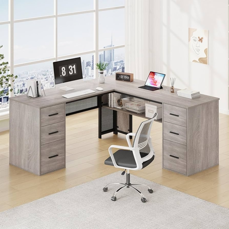L-Shaped Desk Dual Pedestal Design with Mesh Accents and Six Drawers