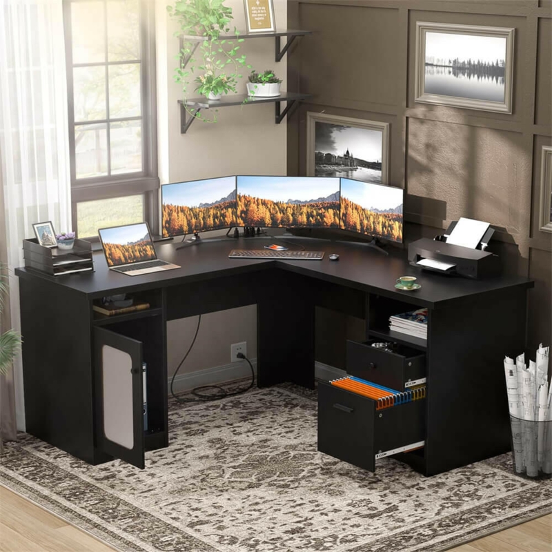 L-Shaped Desk Executive Workstation with Triple Monitor Support