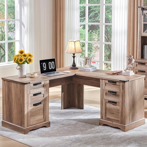 L-Shaped Desk Farmhouse Style with Warm Wood Tone and Bracket Feet