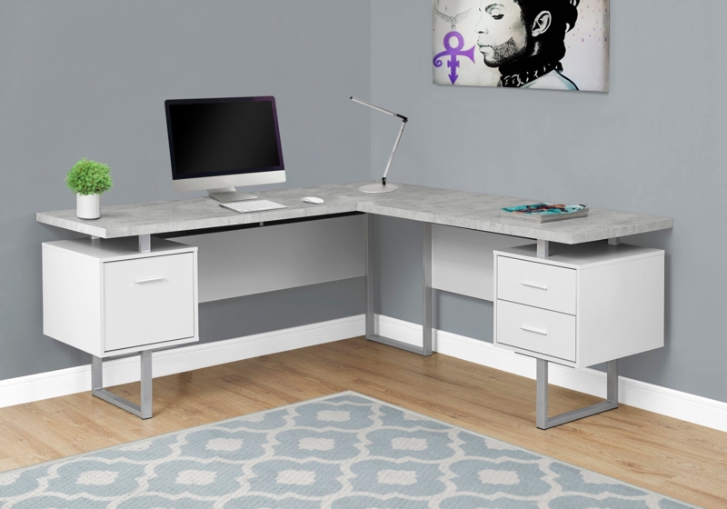 L-Shaped Desk Faux Cement Top with Elevated Surface and Metal Legs