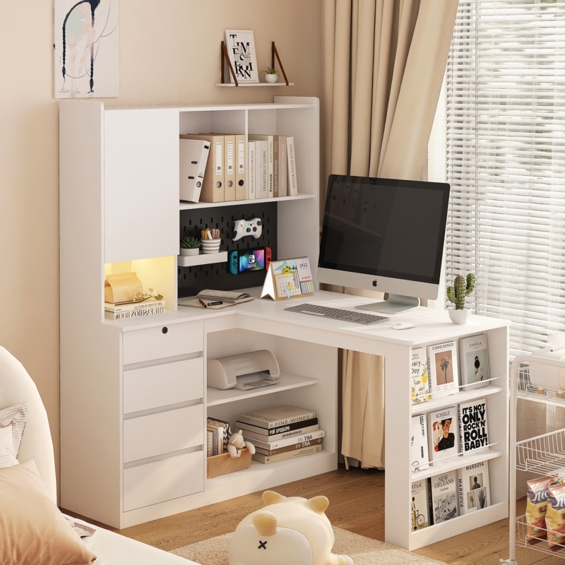 L-Shaped Desk Integrated Pegboard Hutch with LED Lighting Feature
