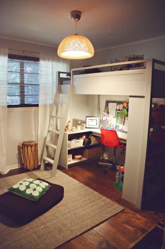 L-Shaped Desk Loft Bed with Shelving and Pinboard Organizer, White