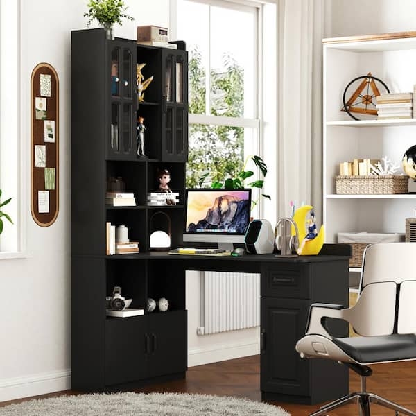 L-Shaped Desk Matte Finish with Integrated Hutch and Glass Cabinets