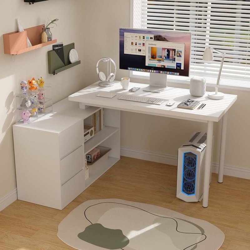 L-Shaped Desk Minimalist Design with Cylindrical Metal Legs