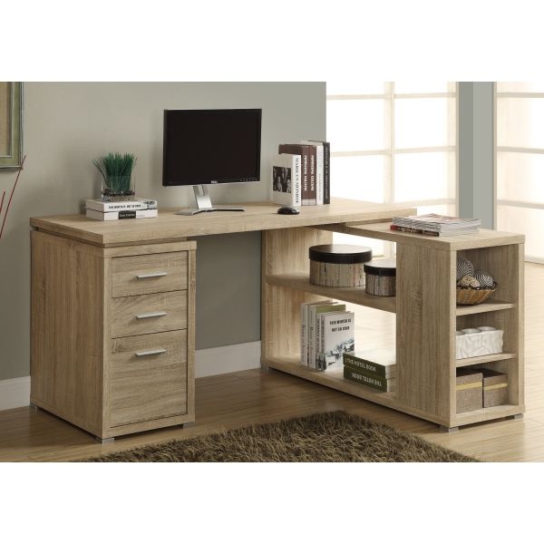 L-Shaped Desk Natural Laminate Finish with Integrated Open Shelving