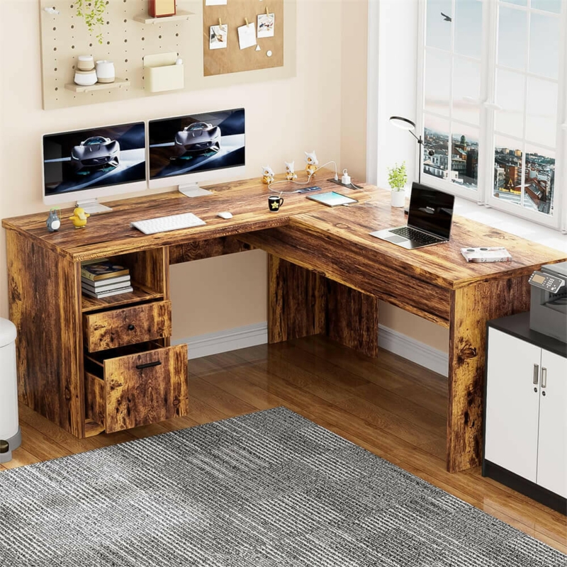 L-Shaped Desk Rustic Distressed Finish with Integrated Power Strip