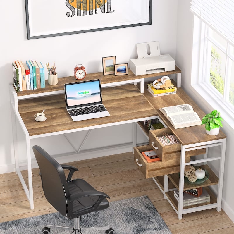 L-Shaped Desk Rustic Industrial Style with Monitor Stand and Shelves
