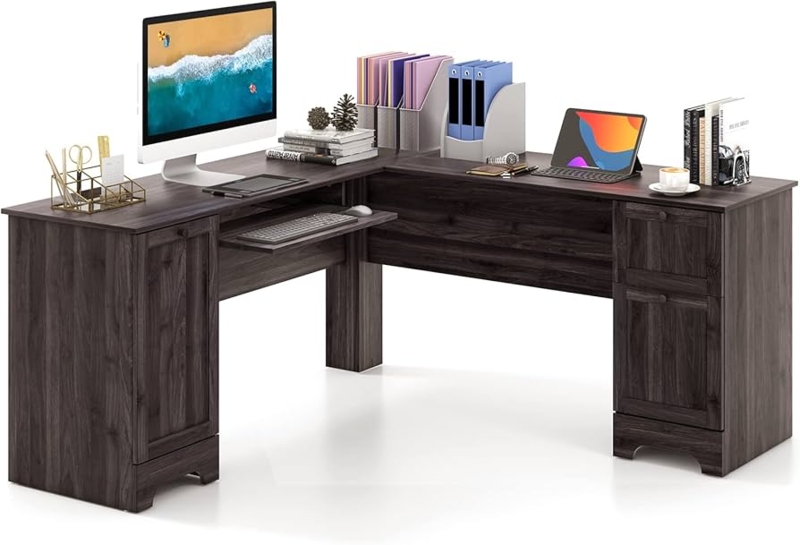 L-Shaped Desk Textured Wood Grain with Keyboard Tray and Storage
