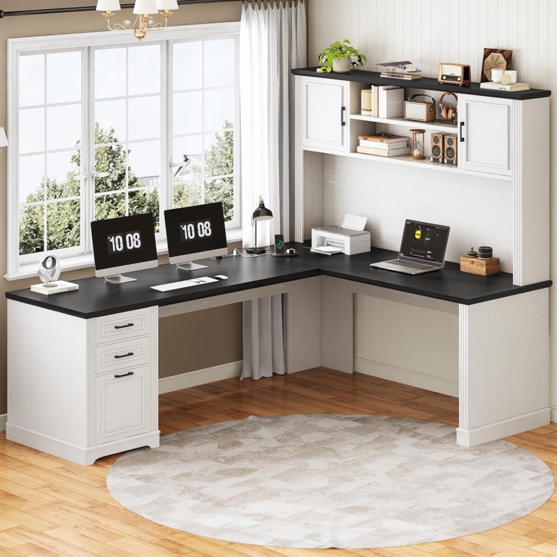 L-Shaped Desk Two-Tone Farmhouse Style with Hutch and Shaker Panels