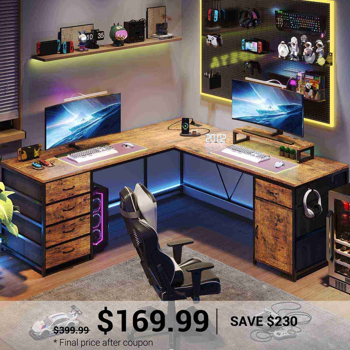 L-Shaped Gaming Desk Industrial Style with Integrated Power Outlet