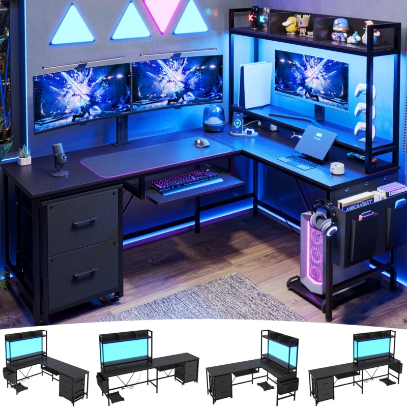 L-Shaped Gaming Desk with Hutch and Integrated LED Strips