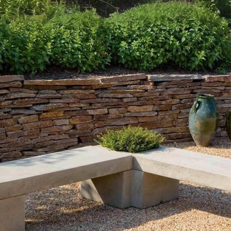 L-Shaped Garden Bench with Integrated Concrete Planters