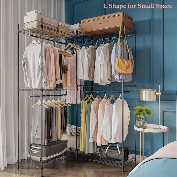 L-Shaped Garment Rack Corner Storage with Wire Shelving