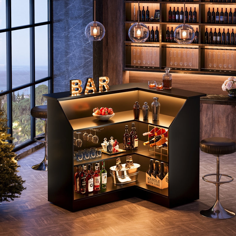 L-Shaped Home Bar Cabinet Matte Black with Integrated Lighting