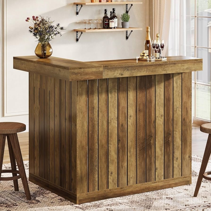 L-Shaped Home Bar Table Rustic Brown with Vertical Slat Paneling