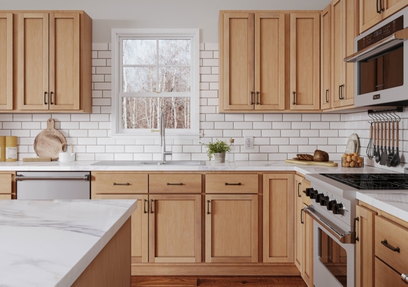 L-Shaped Kitchen Design with Unfinished Wood Shaker Style
