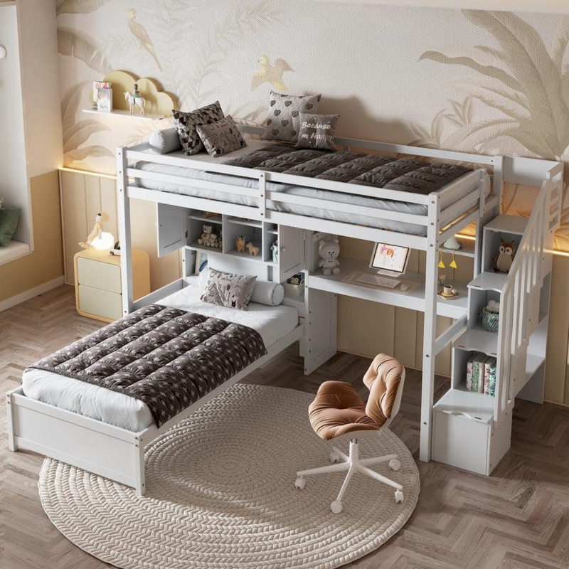 L-Shaped Loft Bed with Storage Stairs, Twin Over Twin White Finish
