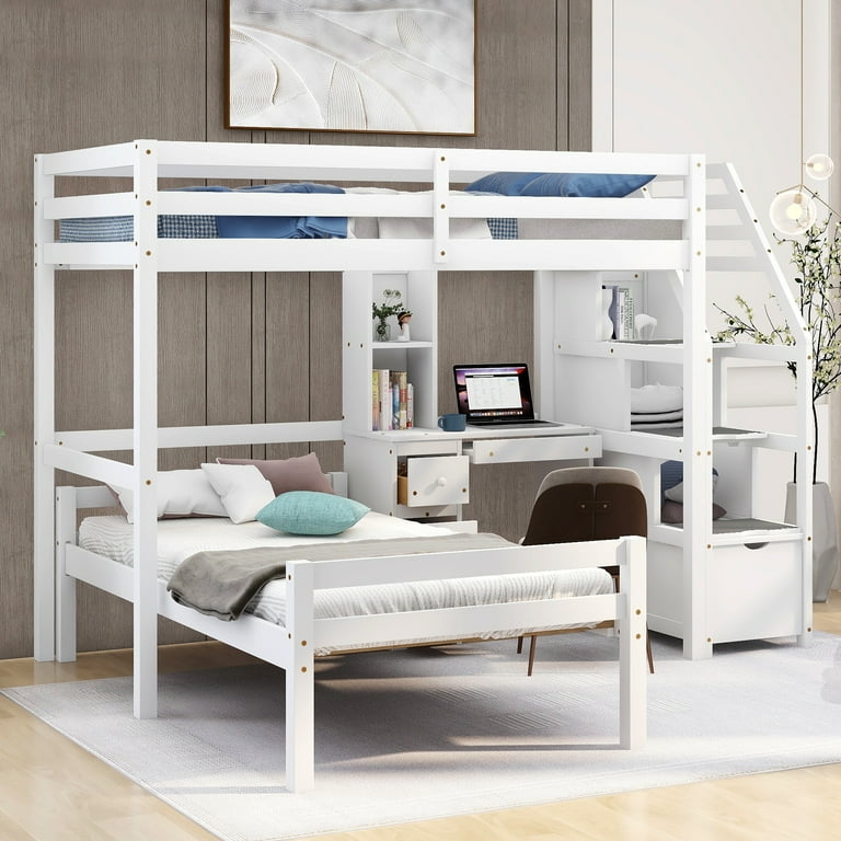 L-Shaped Loft Bunk Bed with Storage Staircase, Desk, and Built-in Hutch