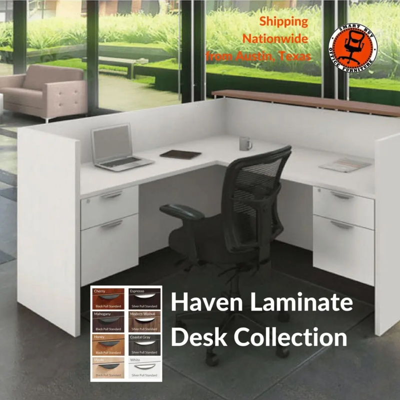 L-Shaped Reception Desk with Wood Toned Transaction Ledge