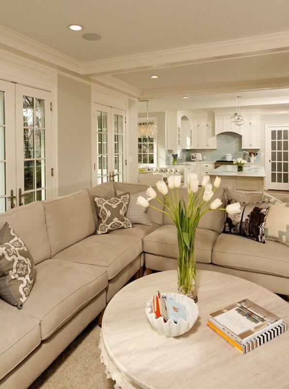 L-Shaped Sectional Whitewashed Coffee Table Open Concept Flow Plan