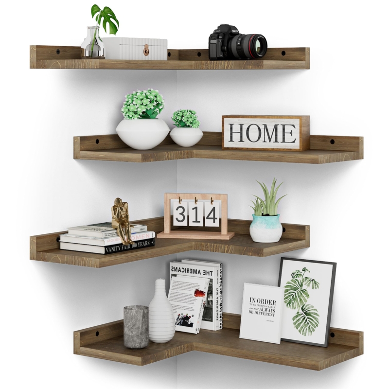 L-Shaped Wooden Wall Shelves: Pine Finish Set with Back Ledge