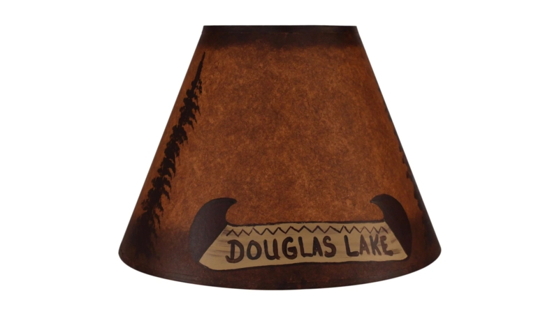 Lamp Shade Douglas Lake Text Pine Tree Graphic Rustic Lodge Amber