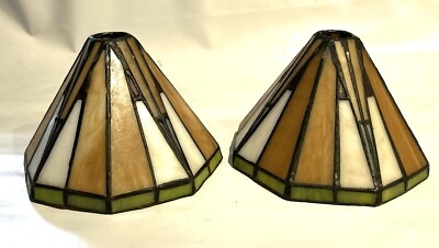 Lamp Shades Pair Small Hexagonal Leaded Glass Sage Green Border