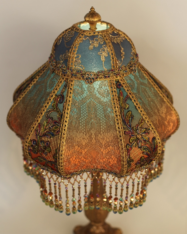 Lampshade: Antique Style Teal Amber Gradient Lace Beaded Fringe Floral