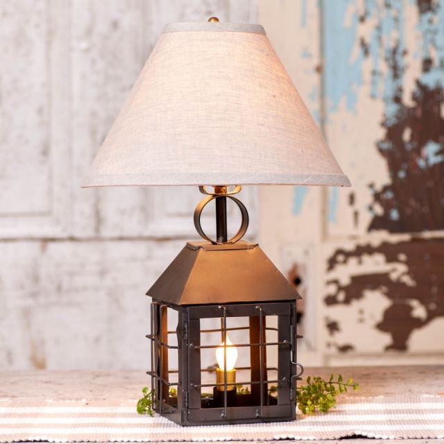 Lantern Table Lamp Black Cage Ivory Linen Shade Candelabra Bulb Rustic