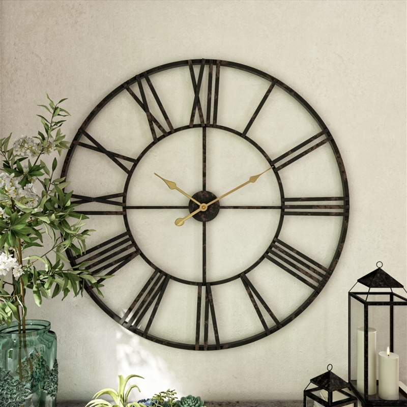 Large 36-Inch Industrial Wall Clock with Dark Brown Open Frame