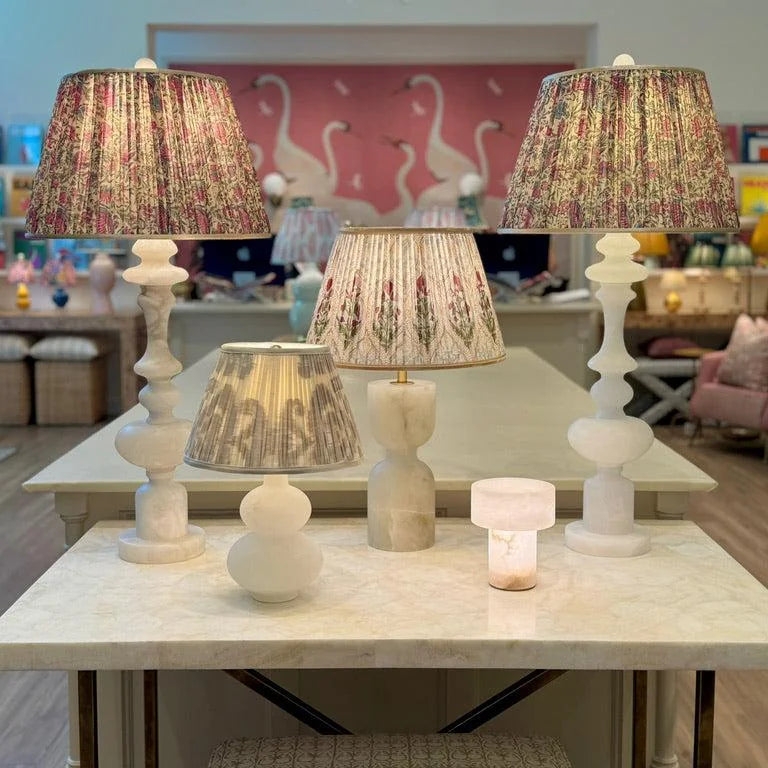 Large Alabaster Table Lamp: Stacked Base with Pleated Floral Shade