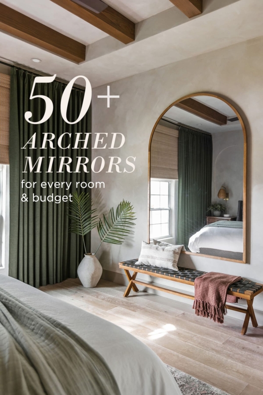 Large Arched Leaning Mirror with Wood Frame for Organic Modern Bedroom