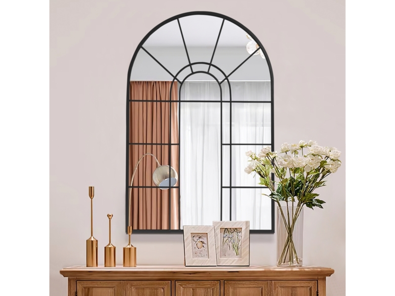 Large Arched Windowpane Mirror with Sunburst Grid Architectural Frame