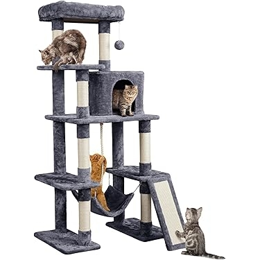 Large Charcoal Grey Cat Tree with Integrated Scratching Ramp